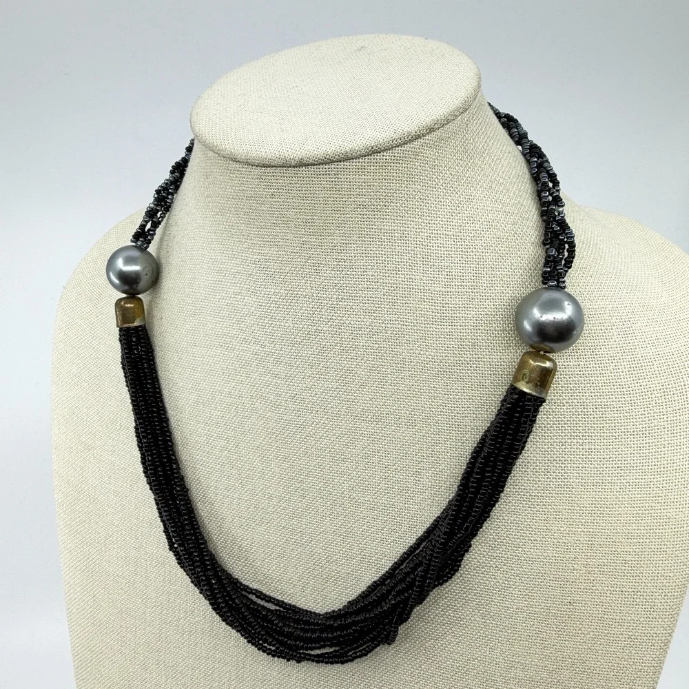 Necklace Black Seed Bead Multi Strand Gray Faux Pearl Boho Statement Collar Gold